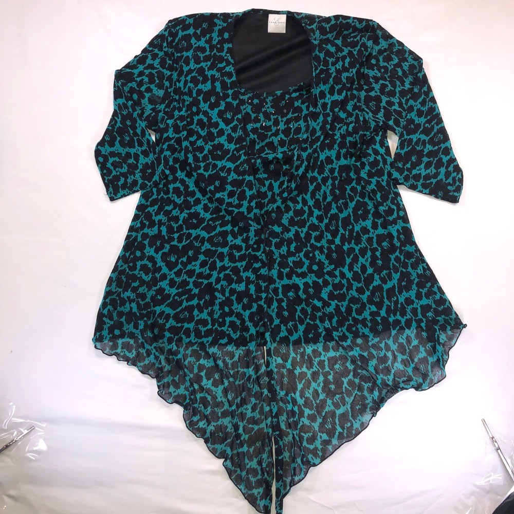 Emma James Women Teal Black Animal Print Sharkbite Hem Tunic Top Size M RN123475